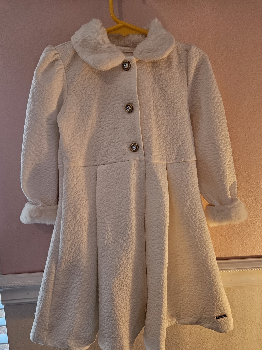 Tahari Cream Faux-Fur Trim Girls' Pea Coat Dress